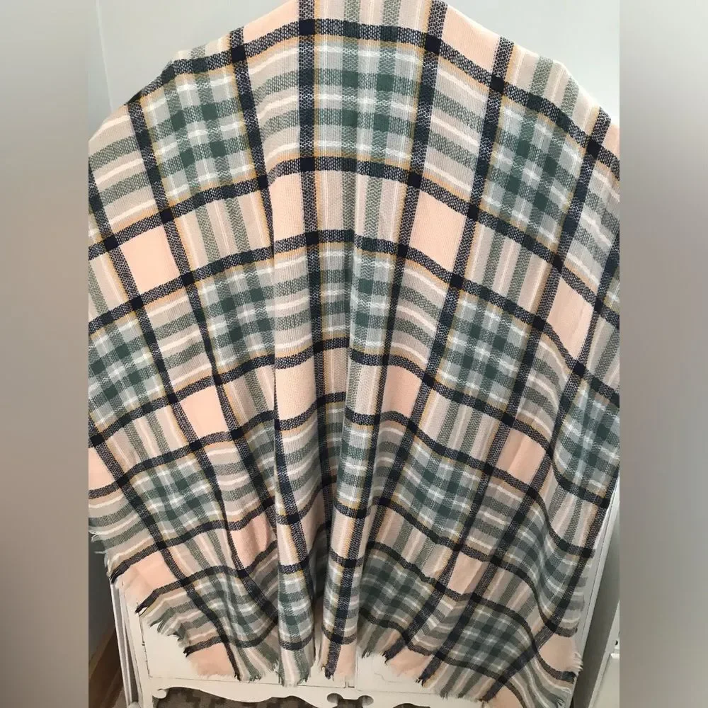 Tan Teal Plaid Soft Casual Cottagecore Preppy Blanket Scarf 60 x 60
